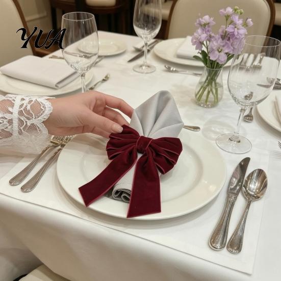 Holiday Party Table Settings 6Pcs Velvet Bow Napkin Rings, Christmas Fabric Holders, Red Soft Rings Green for Dinner Decor Elastic