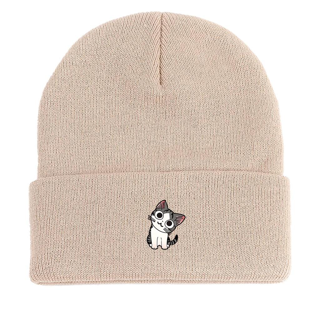 Шапка для девочек с принтом мультяшного кота, теплые зимние шапки для женщин, легкие однотонные ветрозащитные головные уборы, эластичные шапочки Skullies
