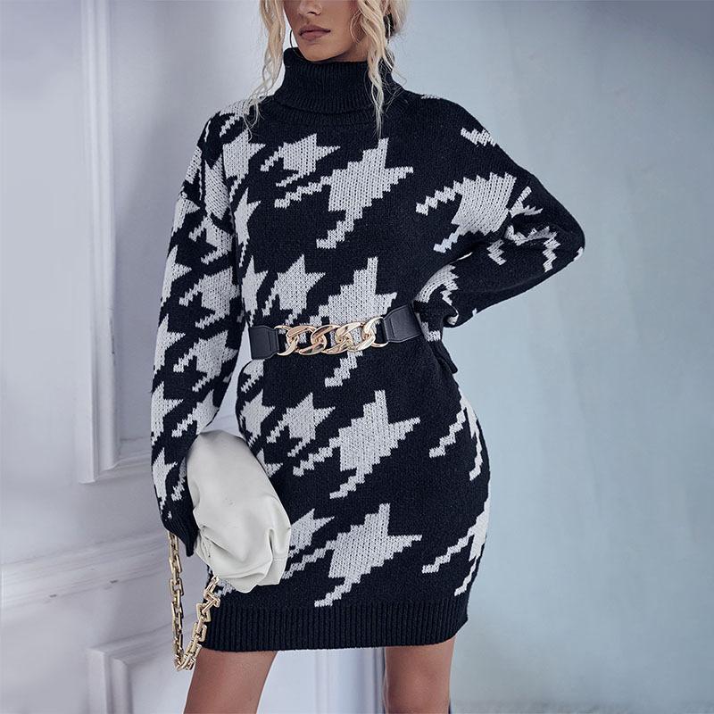 YYFS Women's Fashion Casual Fall Winter Houndstooth Print Long Sleeve High Neck Tops Women's Clothing Woolen Knitwear Sweaters