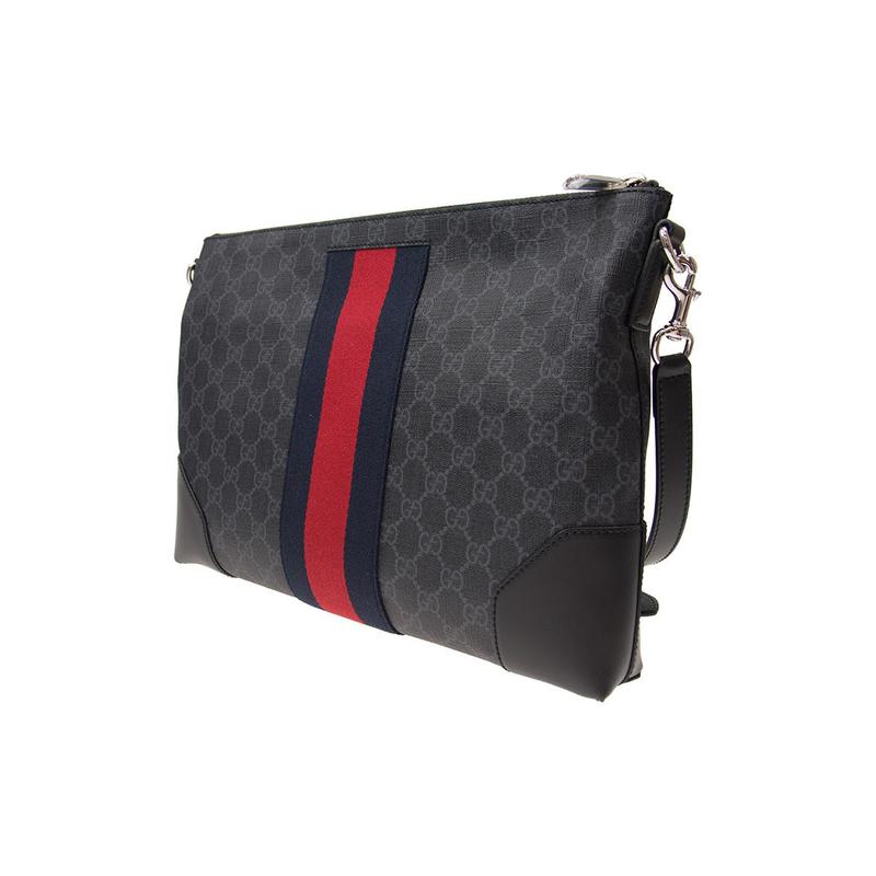 Gucci Distressed classic presbyopic logo striped webbing canvas and leather shoulder crossbody bag men's black gray
