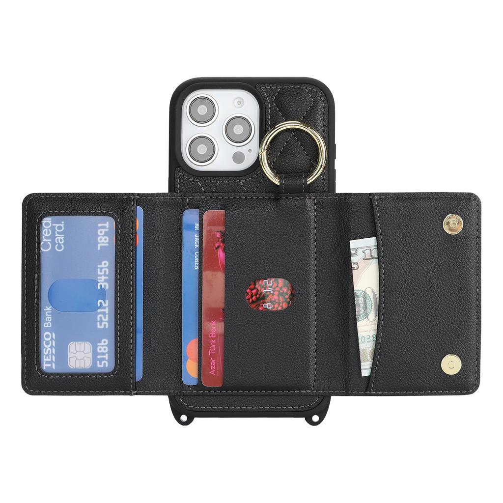 For iPhone 15 Pro Case with Lanyard/Mirror/Card Holder Grids Pattern RFID Blocking Phone Cover