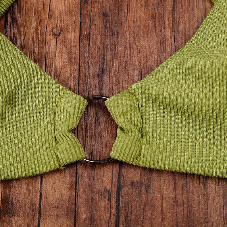 Women Triangle Oversize Split Bikini Set Suit Tie Side G-String Thong Swimsuit Suspenders Green Solid Color