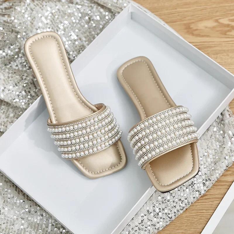 Плоские шлепанцы для женщин, модные женские сандалии с бисером, летние женские тапочки конфетных цветов