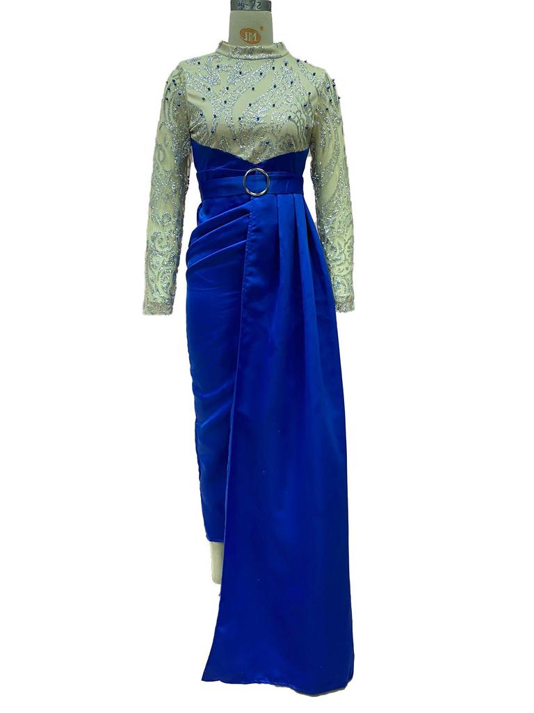 Женское вечернее платье 2025 года в синих и золотых тонах с круглым вырезом