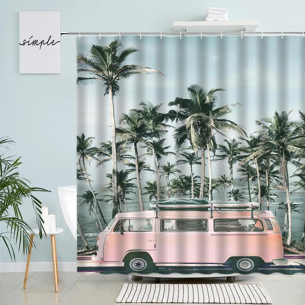 Summer Ocean Beach Camping Surf Shower Curtain Palm Trees Travel Bus Surfboard Pattern Polyester Fabric Bathroom Decor Hooks