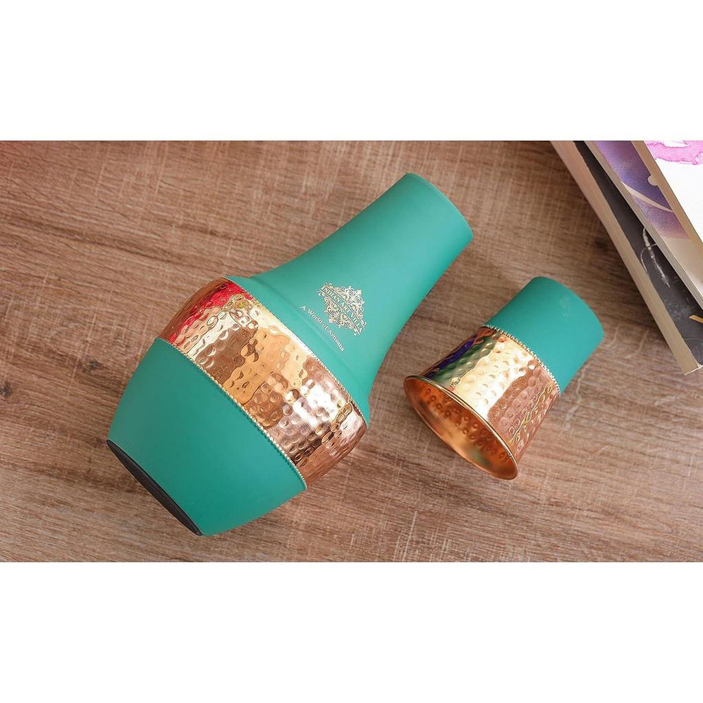 Pure Copper Bottle with Inbuilt Glass, Surahi Design Green Half Silk Half Hammered Finish, Drinkware & Storage Purpose - Volume 1.25 Litre (Pack of 2)