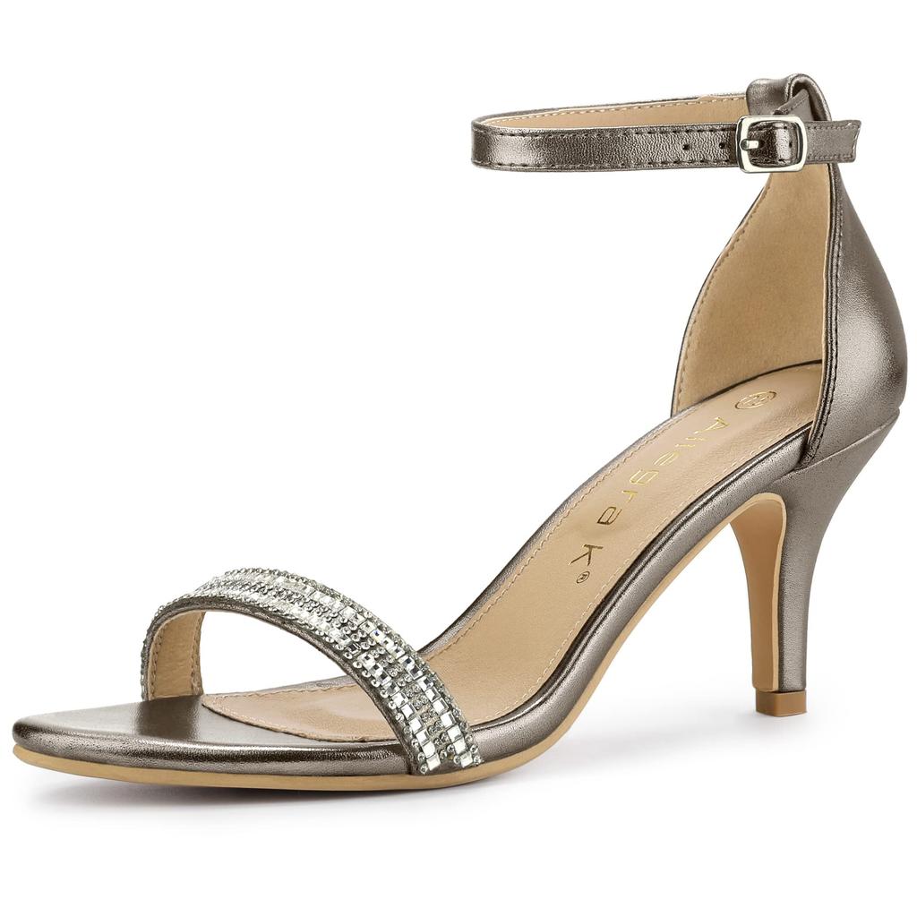 Allegra K Women's Gunmetal Strap Sandals with High Heels, Rhinestones, and Shiny Ankle Straps, Size 24.5