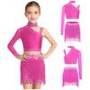 Girls Irregular Shoulder Crop Top Sparkly Rhinestone Fringe Bottoms Dance Performance Set