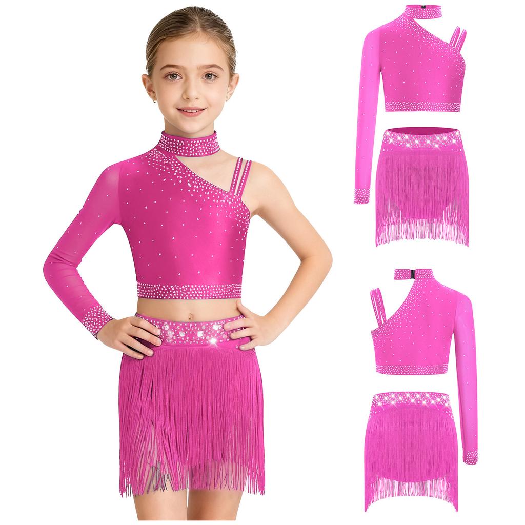 Girls Irregular Shoulder Crop Top Sparkly Rhinestone Fringe Bottoms Dance Performance Set