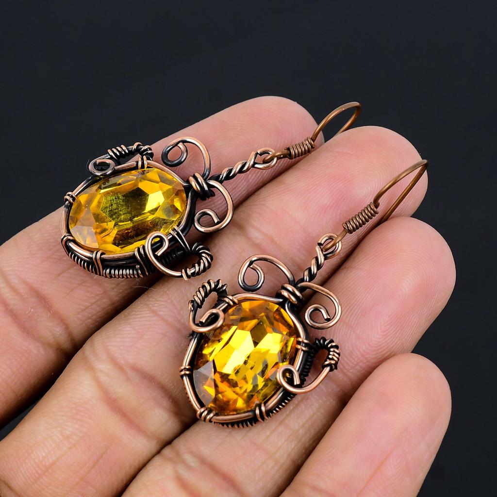 Серьги с цитрином, Ювелирные изделия из драгоценных камней, обернутые медной проволокой 999 пробы, Серьги ручной работы, На День благодарения