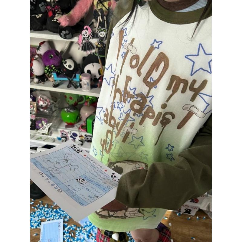 Y2k Aesthetic Long Sleeve T-shirt Women Punk Letter Tie Dye Cartoon Print Loose Graphic T Shirt Couple Fairy Grunge Tee