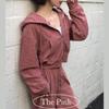 The Pink Women Corduroy Hoodie Zip Up + Banding Wide Pants Set
