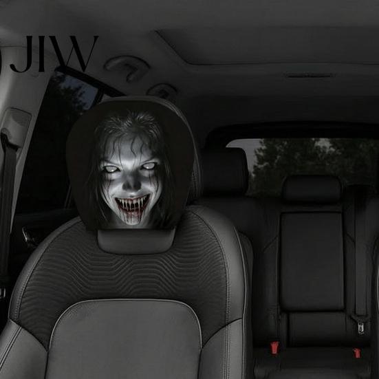 Adjustable Headrest Cover Ghost Face Car Covers, Scary Seat Interior Decor Protector, Universal Stretchy Accessory for Most Cars Easy Install