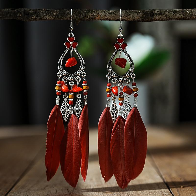 Bohemian Feather Long Drop Dangle Earrings For Women Enamel Heart Flower Irregular Stone Wooden Bead Handmade Earrings Jewelry