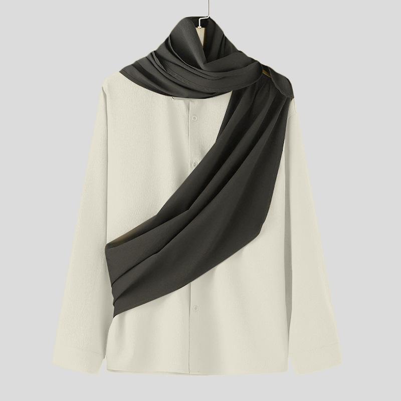 INCERUN Мужские рубашки с воротником-хомутиком и длинными рукавами спереди, повседневные топы в стиле пэчворк