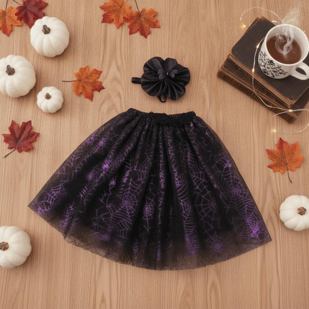 Spider Web Pattern Lawn Goose Costume Purple Black Mesh Goose Witch Skirt October Party
