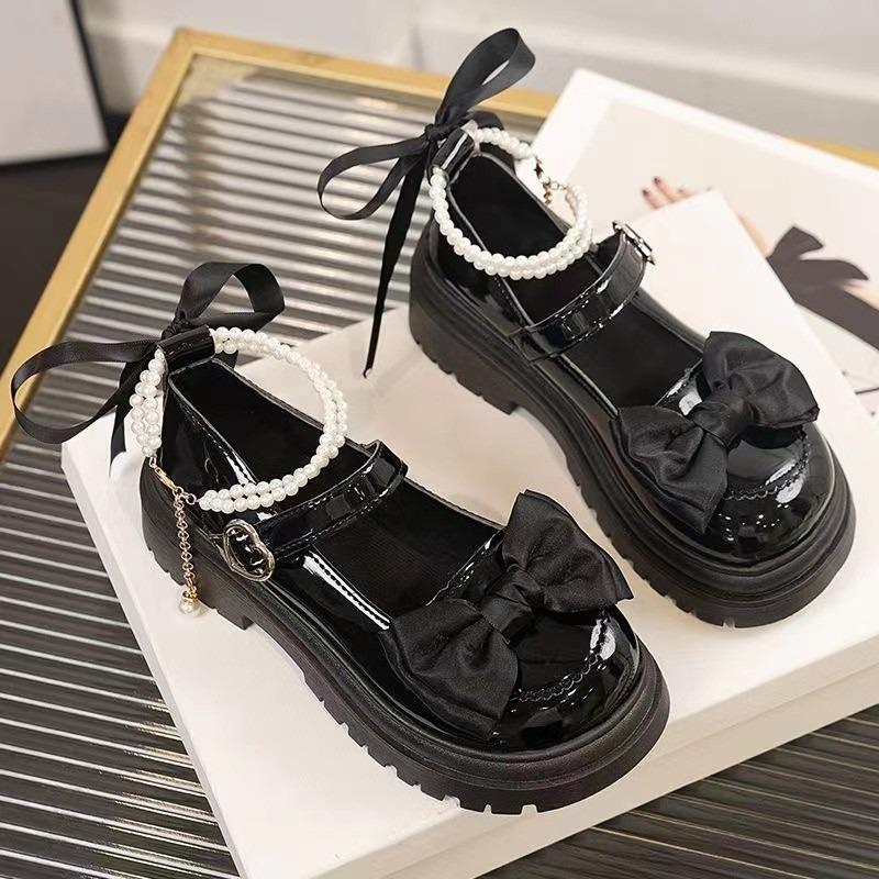 Туфли в стиле Лолита с пряжкой в форме сердца, женские туфли Мэри Джейн с бантом и цепочкой из жемчуга, женские туфли из искусственной кожи с толстой подошвой, туфли-лодочки для вечеринок Mujer Zapatos
