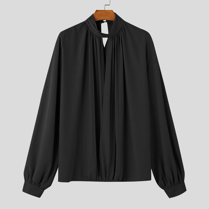 INCERUN Мужские рубашки с длинным рукавом и глубоким V-образным вырезом, оборками, повседневные свободные топы