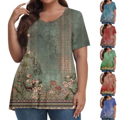 Женские топы больших размеров, шорты с рукавами, рубашки с V-образным вырезом, повседневная одежда, топы с принтом