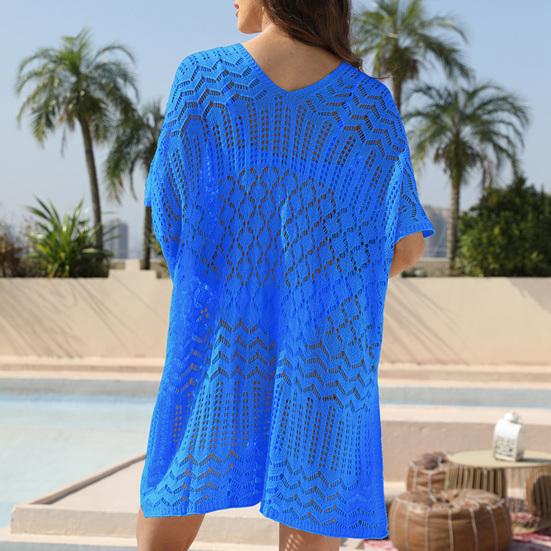 Women's Mesh Crochet Swimwear Cover-Up V-Neck Short Sleeve Hollow Out Beachwear Loose Fit Bikini Cover Up Dress for Vacation Travel