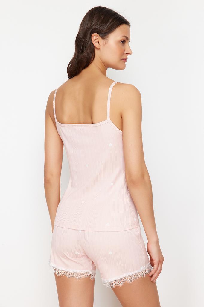 Женский модный новый пижамный комплект, розовый вязаный пижамный комплект из 5 предметов в рубчик с сердечками