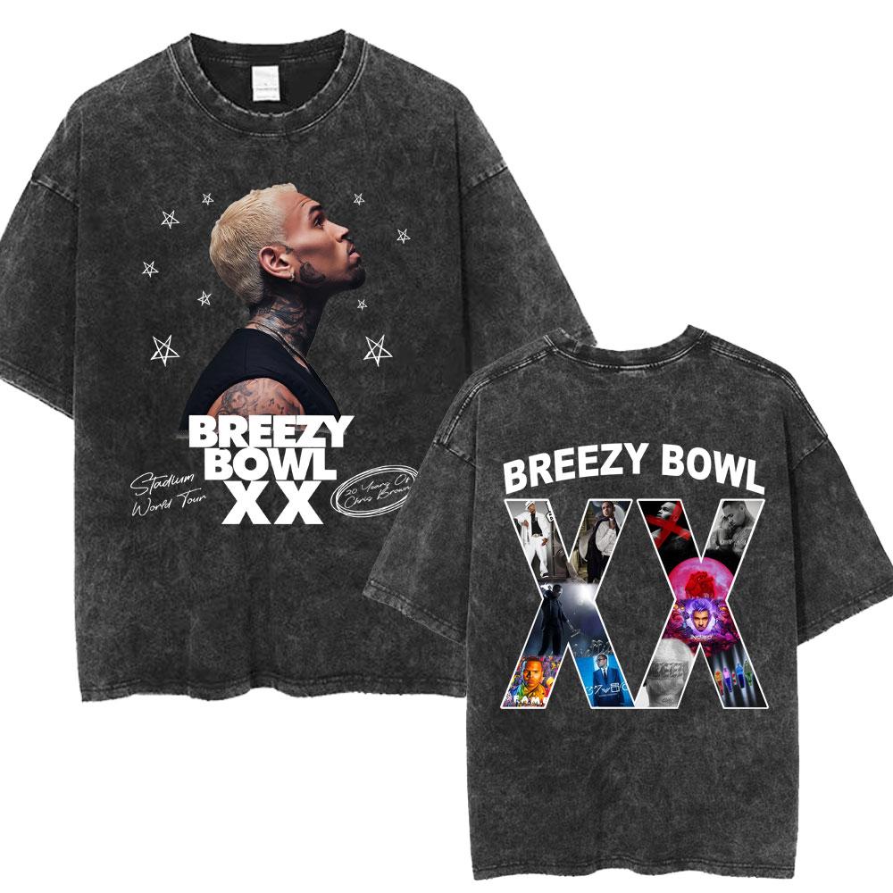 Chris Brown Breezy Bowl XX Concert Tour Washed T Shirts Vintage Hip Hop Gothic T Shirt Mens Oversized Cotton Tshirt Streetwear
