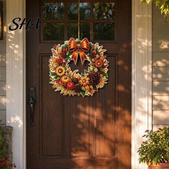 Eye-Catching Design Ornament Fall Pumpkin Sunflower Wreath Hanging Decor, Acrylic Hand Painted Christmas Tree Window Ornament, Thanksgiving Halloween