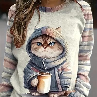 Design Sense 24 Ранняя осень Новый продукт Футболка с длинными рукавами и принтом кота Повседневная толстовка с капюшоном Европейский и американский стиль WA2