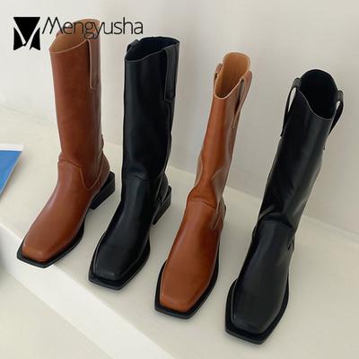 Модные ретро квадратный носок рыцарские боты женские низкий каблук мотоциклетные ботинки женские туфли из искусственной кожи однотонные слипоны полусапожки женские