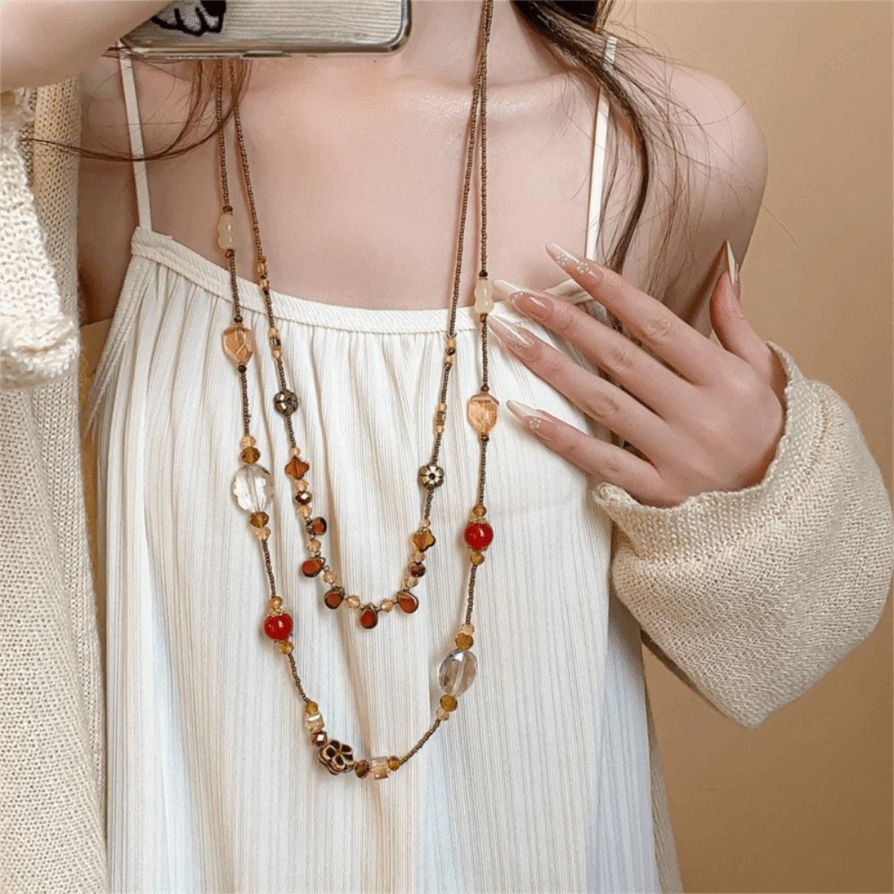 High-end Flower Glass Beaded Necklaces Temperament Sweater Chain For Women
