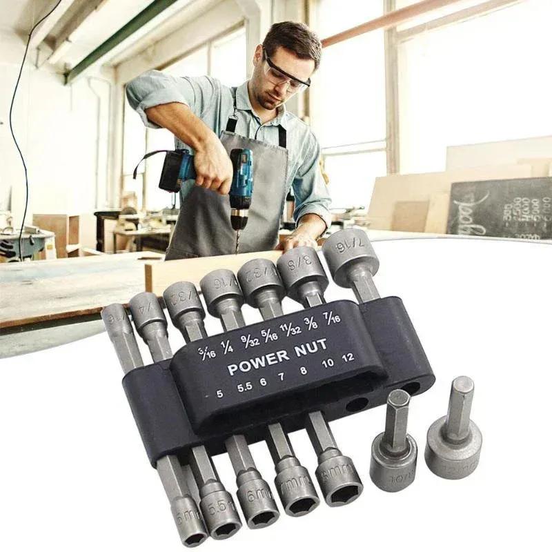 9/14pcs Power Nuts Driver Drill Bit Tools Set SAE and Metric Socket Wrench Screw 3/16~7/16,5~12mm Driver Hex Keys Wrench Set