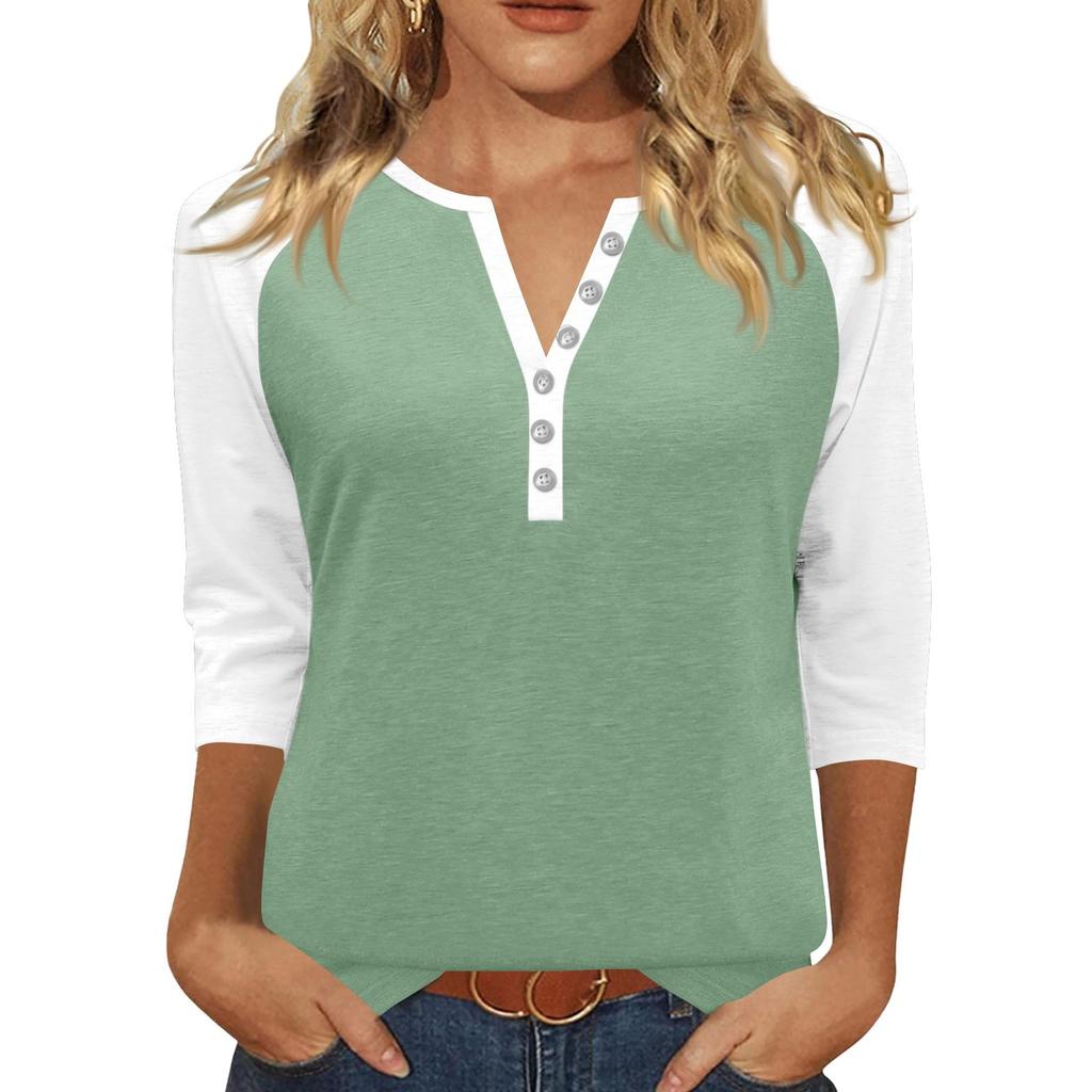 Жен. Футболка С принтом Пуговицы Рукав 3/4 Повседневные Выходные Мода Классический Классический V-образный вырез Обычный Верх