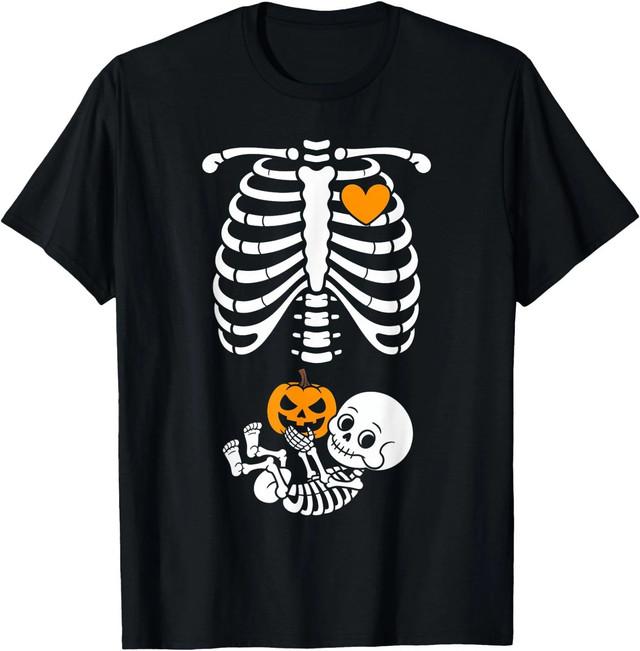 Halloween Skeleton Baby Rib Cage Maternity Pregnant Pumpkin T-Shirt, Unisex Tee