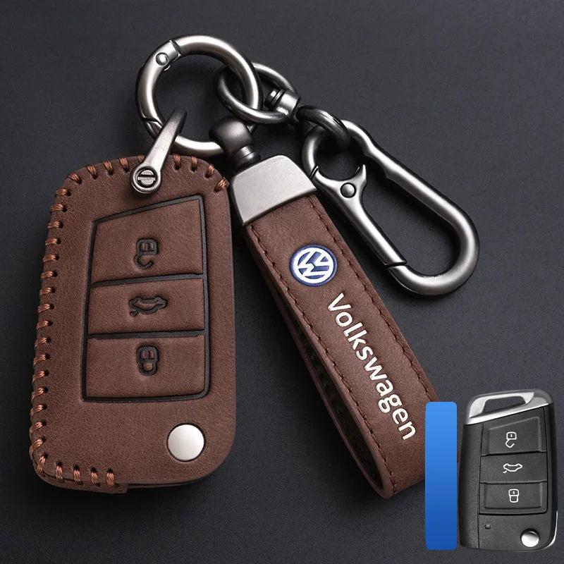 Valve Stems Caps For VOLKSWAGEN VW Leather Car Remote Key Case Cover Protection Holder Shell Fob For VW Volkswagen Golf 7 MK7 Ti PY2