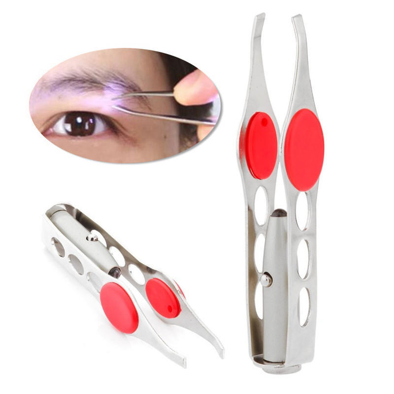 Stainless Steel Make Up Led Light Eyelash Eyebrow Hair Removal Lighted Tweezer