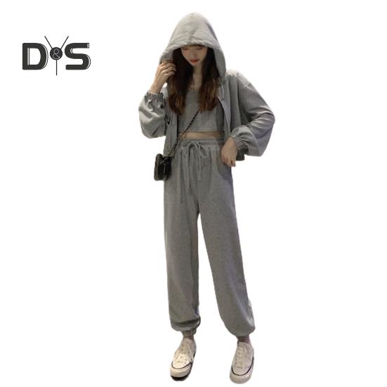 3 Pcs/Set Women Fall Tracksuit Sleeveless Vest Hooded Long Sleeve Zip-up Coat Elastic Waist Ankle-banded Trousers Daily Wear Sport Outfit
