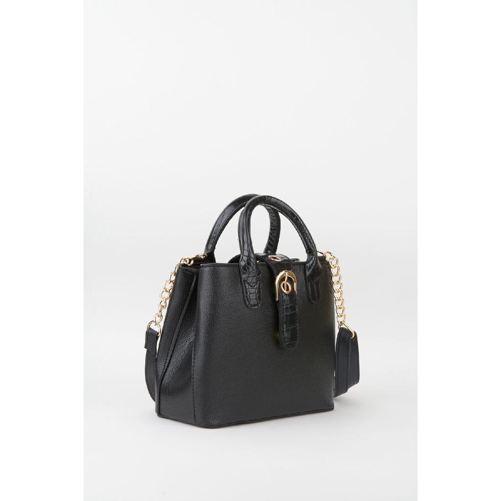 Women's Black Faux Leather Croco Patterned Strap Snap Fastener Zipper Closure Hand And Shoulder Bag