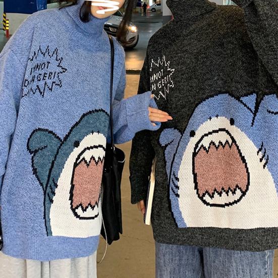 Мужской зимний свитер с высоким воротником и защитой шеи с длинными рукавами, толстый вязаный теплый свободный осенний свитер с мультяшным принтом акулы для школы