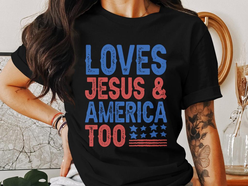 Loves Jesus and America Too T-Shirt, Christian Faith Apparel, Patriotic Gift for Believers, God Bless America Tee, USA Flag Shirt