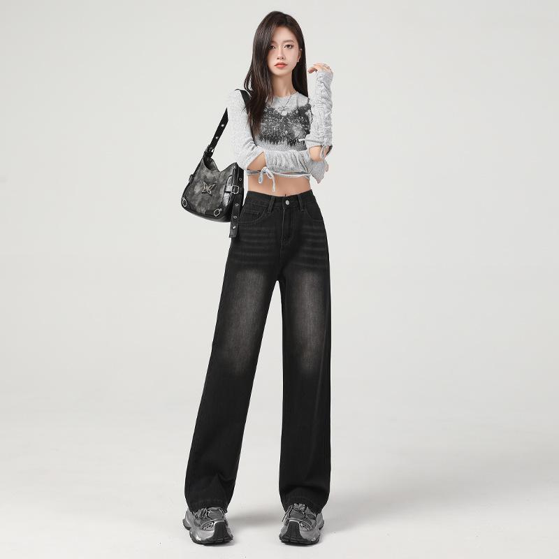 Black and gray American retro wide-leg jeans women's autumn new narrow high-waisted straight-leg slim floor pants