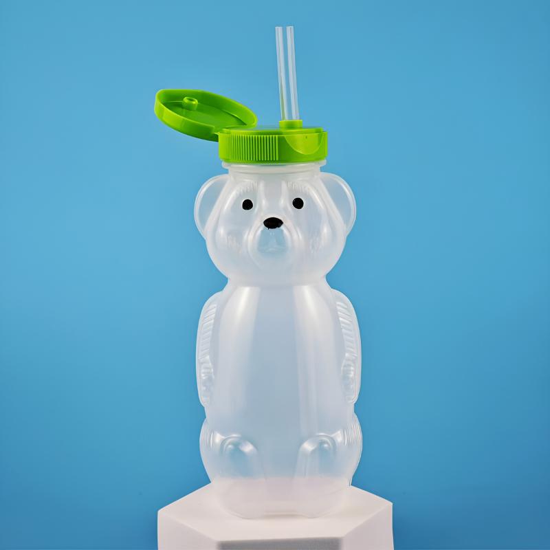 Cute Bear Shaped Bottle Plastic Drink Container Cartoon Honey Bear Straw Cup with Flexible Straws for Milk Juice Honey Storage