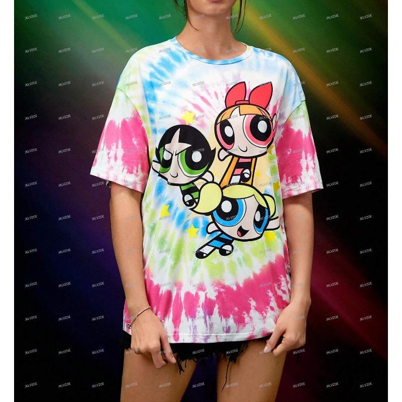 Футболка с принтом «THE POWERPUFF GIRLS Cartoon And Tie Dye», повседневная футболка в спортивном стиле с принтом, женская одежда, мужская футболка