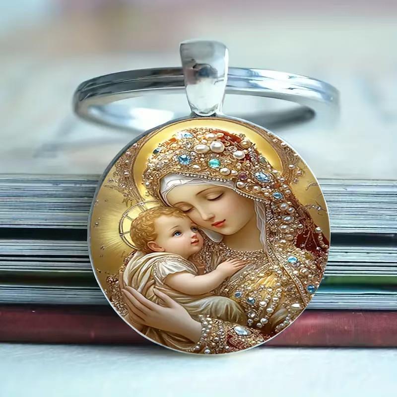 Virgin Blessed Mary Artistic Round Keyring Keychain For Faith Gifts Inspiration