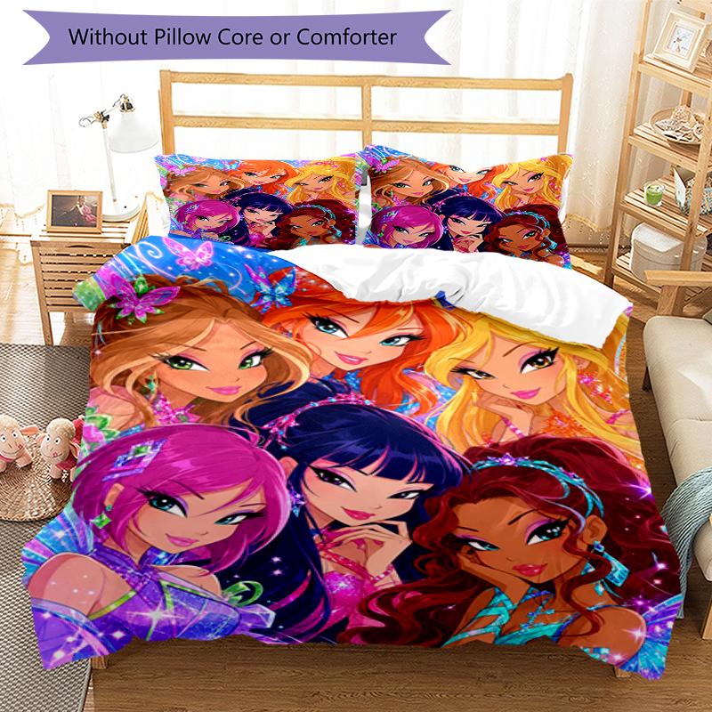 3 шт. Комплект постельного белья Winx Club Застежка на пододеяльнике Включает 1 пододеяльник и 2 наволочки, Мягкий и удобный для всех сезонов.