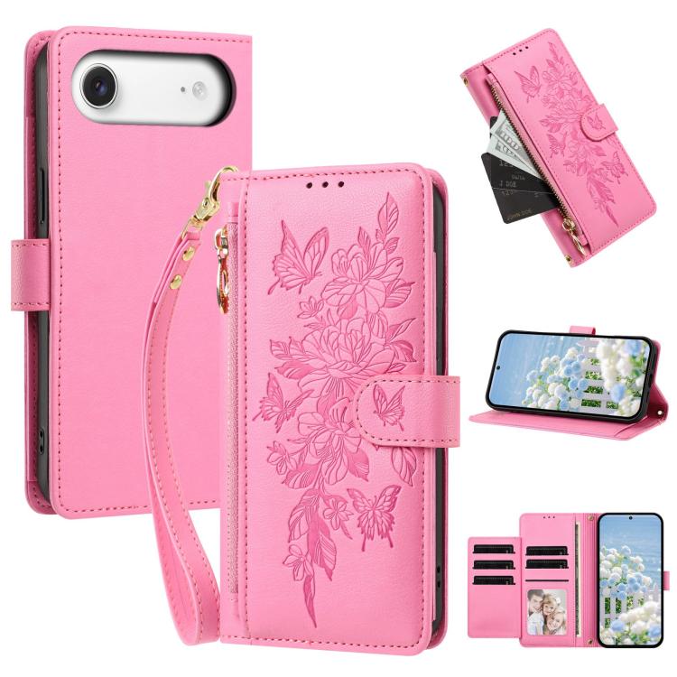 Butterfly Flower Zipper Wallet Vegan Leather Phone Case with Strap For iPhone 15 Pro Max