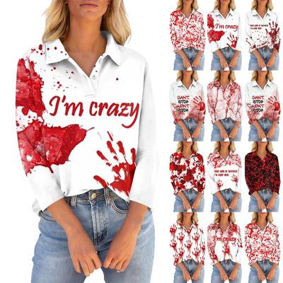 Женская футболка с рукавами семь четвертей, V-образным вырезом, застегивающаяся на пуговицы, с принтом свободного кроя на Хэллоуин