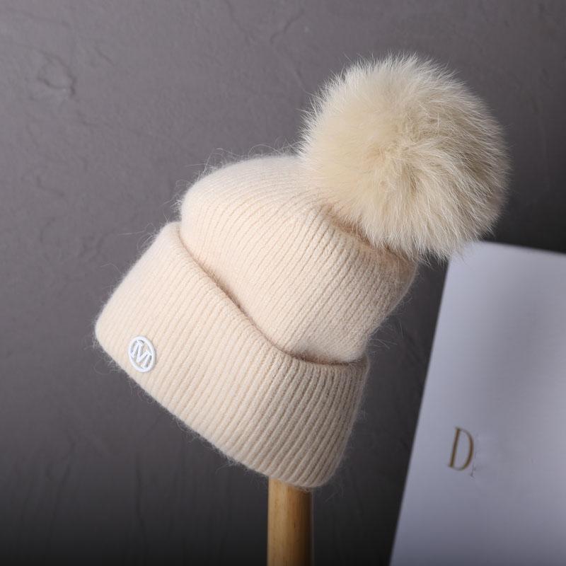 2023 Luxury Real Fox Fur Pom Pom Beanies Hat for Women Pompom Knitted Winter Hat Fashion Ear Protection Wool Hat