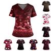Women's Valentine's Day Printed V-Neck Double Pocket Short Sleeves Hem Slit Uniform Caregiver Top