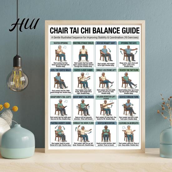Joint Pain Relief Exercises 3Pcs Chair Tai Chi Exercise Poster Set Seated Workout Senior Self-care Chart for Seniors Low Impact Balance Strength