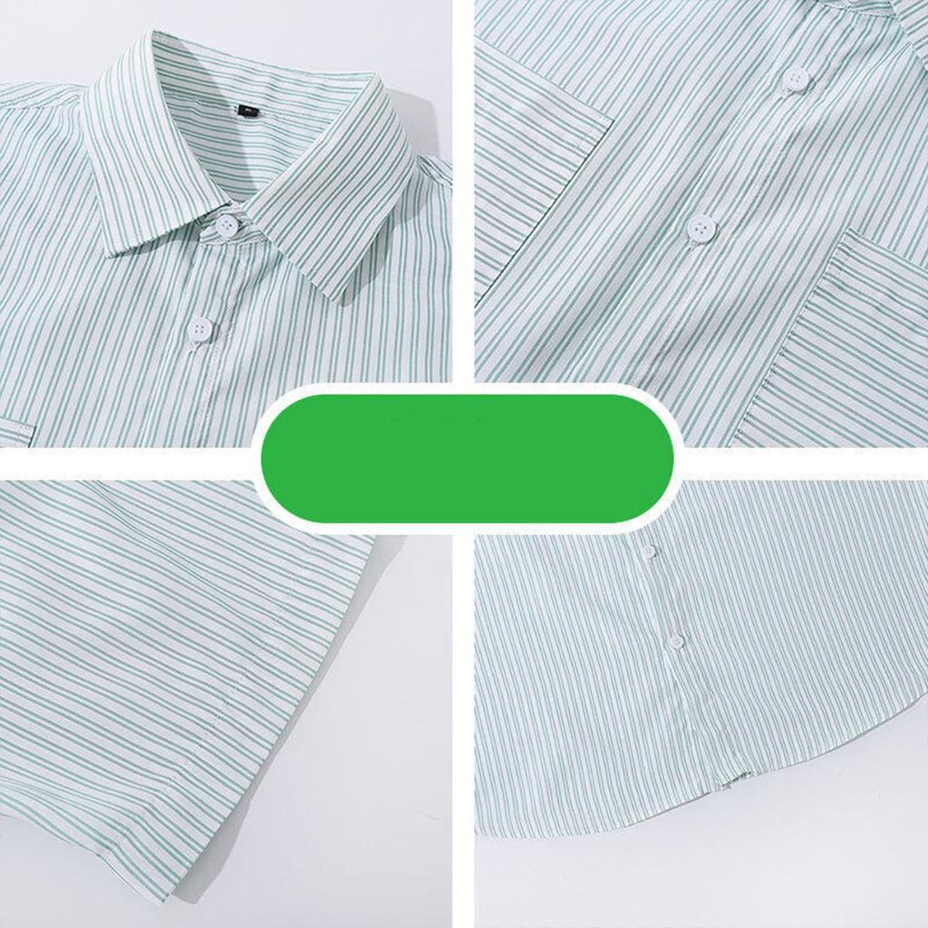 Men's Summer Short Sleeve Striped Shirt Casual Button Pocket Shirt Tops
